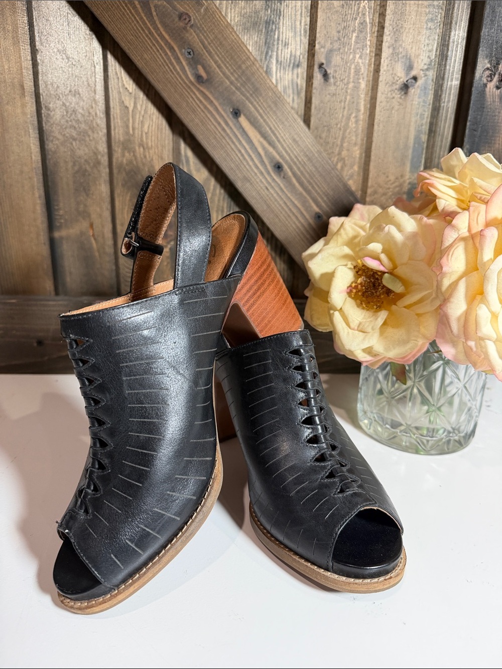Clarks Black Leather Open-Toe Slingback Heels with Stacked Brown Block Heel